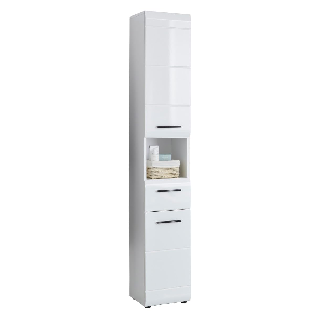 trendteam smart living - Skin - Hochschrank - Weiß/Weiß Hochglanz - 5 Fächer, eine Ablage und eine Schublade - (BxHxT) 30 x 182 x 31 cm - 2 verstellbare Einlegeböden - Kratzfest