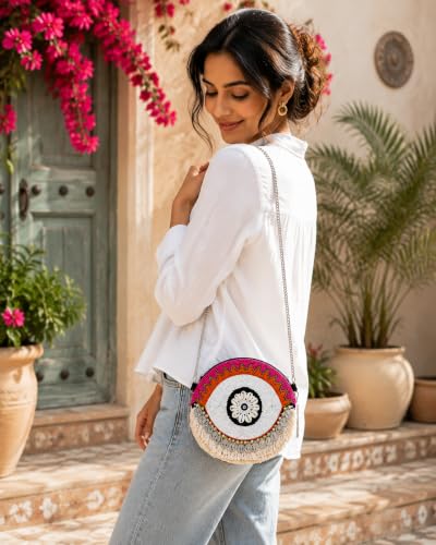 Image of Maresse Handcrafted Evil Eye Beaded Crossbody Boho Purse - Bohemian Tassel Bag for Women with Chain - Unique Style Shoulder Handbag - Trendy Festival Fashion Accessories & Chic Essentials
