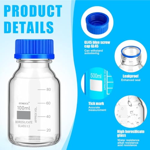 Image of Borosilicate Glass reagent bottle 100ml with leak proof Blue Screw Cap pack of 2 for glassware wide mouth chemical bottles for lab, laboratory, kitchen and professional use