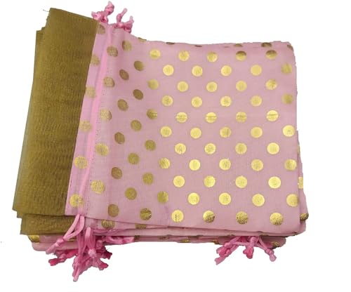 Image of 13CM X 18CM Small Drawstring Bags Pouches Potli for Gift Wedding Jewelry Packaging Bridal Party Favors for Women (15pc Pack, Pink Color Golden Polka Dot)