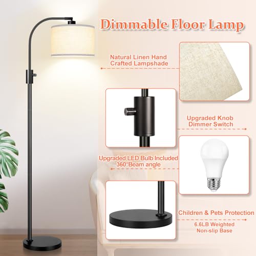 Image of Nintiue Upgraded Modern Arc Dimmable Tall Standing Floor Lamp with Linen Shade, 1200 Lumens LED Bulb Included, for Living & Reading Room, Bedroom, Office & Nursery, Matte Black