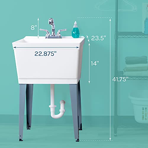 White Utility Sink Laundry Tub With Pull Out Chrome Faucet, Sprayer Spout, Heavy Duty Slop Sinks For Washing Room, Basement, Garage or Shop, Large Free Standing Wash Station Tubs and Drainage