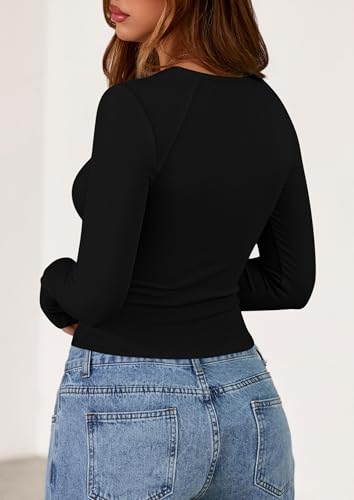 PRETTYGARDEN Long Sleeve Shirts for Women 2025 Fall Going Out Tops Casual Ribbed Knit Slim Fitted Basic Tees Y2K Clothes