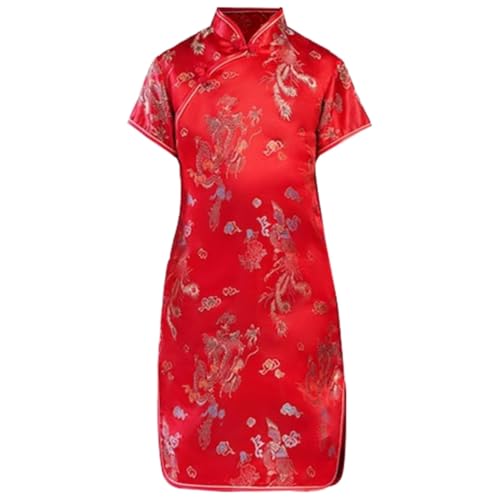 Robe Cheongsam longue rouge motif dragon phénix | Qipao col traditionnel