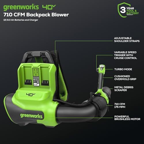 Image of Greenworks 40V (175 MPH / 710 CFM) Dual Port Cordless Brushless Backpack Leaf Blower, (2) 8.0Ah Battery and Charger Included