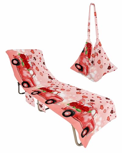 Red Truck Valentines Day Beach Lounge Chair Towel Cover, Soft Chaise Lounge Towel with Side Pockets Patio Pool Chairs Cover for Beach/Pool Sunbathing 29x85 Love Heart Gnomes Floral
