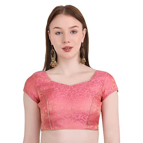 Image of Women's Short Sleeve Brocade (Chanderi) Readymade Stitched Saree Blouse Ready to Wear Half Sleeves Ladies Blouse