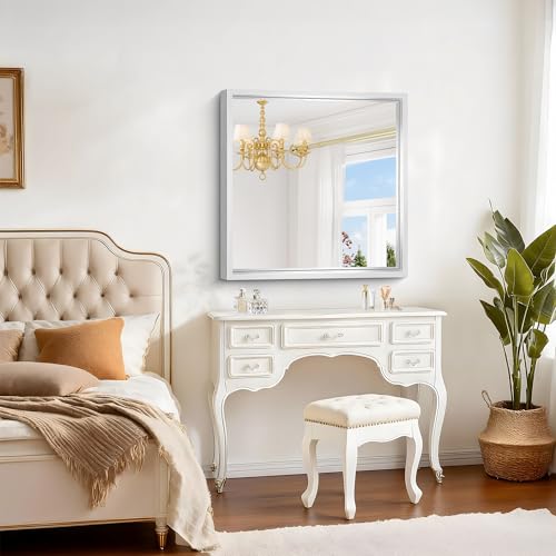 Image of 30 x 30 inch Brushed Silver Bathroom Mirror, Metal Framed Square Mirror, 0.6 inch Thickened Deep Frame Mirrors for Living Room Bedroom Entryway, Tempered Glass, Antirust, Horizontal or Vertical