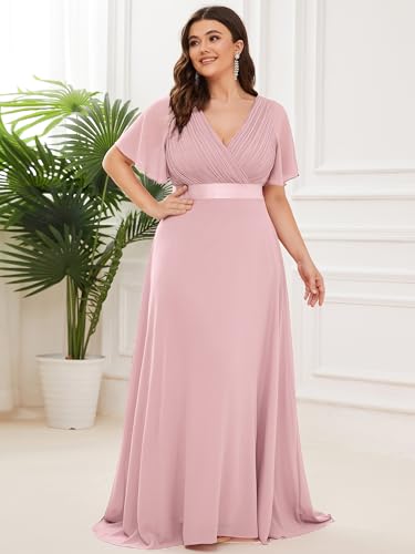 Image of Ever-Pretty Women's Chiffon Formal Evening Dresses for Curvy Women V-Neck Plus Size Floor Length Bridesmaid Dress
