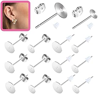 Earring Posts Stainless Steel Hypoallergenic, 420Pcs 4mm/6mm Steel Flat Pad Earring Studs, Butterfly and Clear Rubber Earring Backs for Jewelry Making DIY （Silver） (Silver)