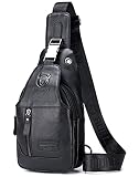 BULLCAPTAIN Mochila masculina de couro genuíno com vários bolsos, bolsa transversal para o peito, viagem e caminhada, Preto, 11.01'x6.29'x2.36'