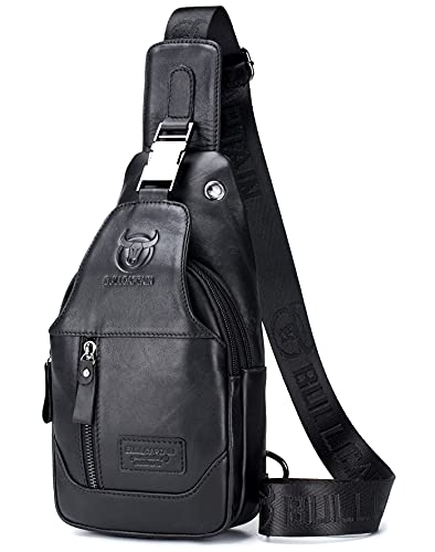 Bullcaptain Genuine Leather Men's Sling Shoulder Backpack Multi-Pocket Crossbody Chest Bags Travel Hiking Daypack With Earphone Hole (Black) #TOP11