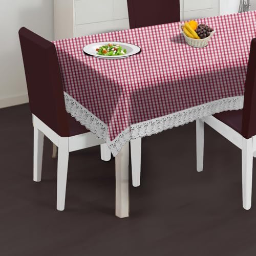 Image of The Furnishing Tree Waterproof PVC Rectangle Shaped 8 Seater Table Cover WxL 60x108 inches Pin Check Pattern Pink with White Border lace