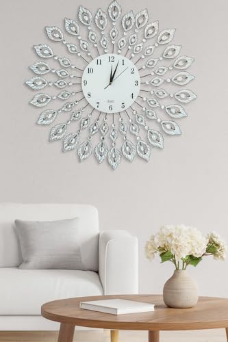 Lulu Decor, 25” Crystal Leaf Metal Wall Clock, 9” White Glass Dial with Arabic Numerals, Decorative Clock for Living Room, Bedroom, Office Space