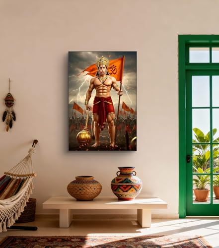 Image of SAF Veer Hanuman Powerful Warrior Wall Poster | Bajrangbali Gada Artwork with Om Flag | Waterproof Sparkle Laminated Vinyl Poster | Unframed Religious Home Decor 12 x 18 inch