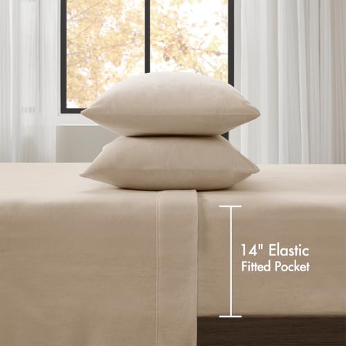 Image of True North by Sleep Philosophy Micro Fleece Bed Sheet Set, Warm, Sheets with 14 inch Deep Pocket, for Cold Season Cozy Sheet-Set, Matching Pillow Case, Queen, Khaki, 4 Piece