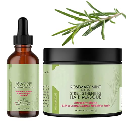 2PCS Rosemary Mint Oil 59ML + Rosemary Mint trengthening Hair Masque 340G, Aceite Romero Cabello, Mascarilla Pelo, para Reparar Cabello Seco y Dañado (Verde-B)
