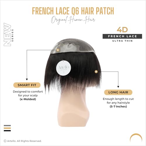 Image of Artello FRENCH LACE Q6 Hair Patch for Men, 4D French Lace, 0.03 mm Invisible Front Hairline, Ultra Thin, Flexible PU, 100% Remy Human Hair Wig (Colour: Natural Black) (Colour: Natural Black) (9x7)