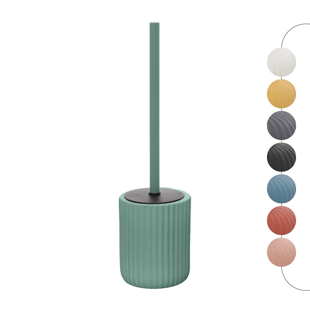 Inbagno Porta scopino WC Verde cannettato in Ceramica Soft Touch, setole Nere Anti-igieniche con paraspruzzi, Spring