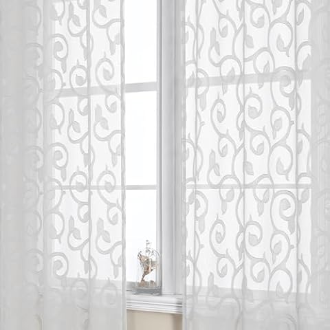 OWENIE Furman Sheer White Curtains 84 inches Long for Bedroom Living Room 2 Panels Set, White Curtains Jacquard Clip Light Filtering Semi Sheer Curtain Rod Pocket Window Drapes, 2 Pcs Each 40 W 84 L Cover