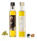 INFUSIÓN DE TRUFA REAL: Infusión de jugo de trufa fresca concentrado (sin sabores artificiales). Mezcla de aceite de oliva virgen y extra virgen prensado en frío y tamizado.