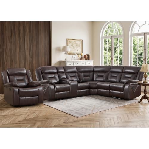 Image of EBELLO Faux Leather Reclining Sectional Sofa Set for Living Room, 1 Recliner Chair and L-Shaped Reclining Couches Home Furniture Set with Center Console, Hidden Cup Holders and Storage, Dark Brown