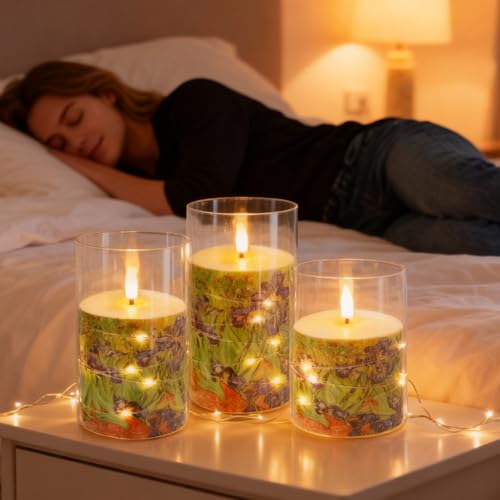 Image of Flickering Flameless Candles, Recessed String Light LED Candles Acrylic Battery Operated LED Pillar Candles with Remote Van Gogh Art Painting Style for Home Decor Set of 3((Irises Printed)