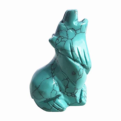 Bacatgem Synthetic Green Howlite Turquoise Hand Carved Wolf Crystal Figurine, 2.5 Inches Animal Statues Home Decor Gemstone