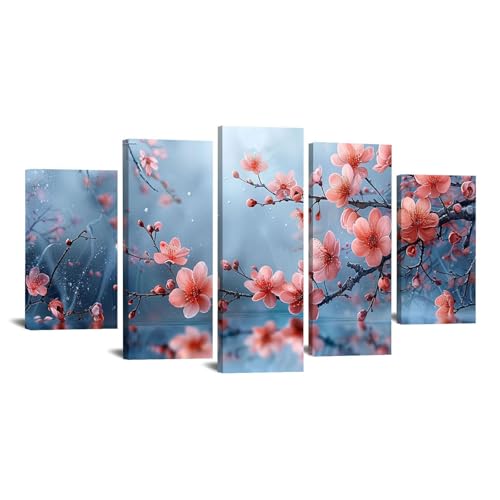 Poster mural forêt et fleurs minimalistes JOSUE 60x125cm encadrée rose et gris pour salon