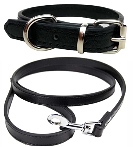 Vibrant Leather Dog Collar & Lead Combo Set for Puppy Dogs Small, Medium & Large (Large (36cm - 46cm Neck), Black) - Image 2