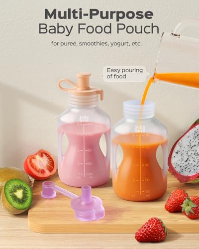Image of Silicone Reusable Baby Food Pouches with Straws, 4 Pack Leakproof Refillable Squeeze Pouches, Dishwasher, Freezer, Microwave Safe, 5OZ Baby Food Storage for Homemade Puree, Yogurt