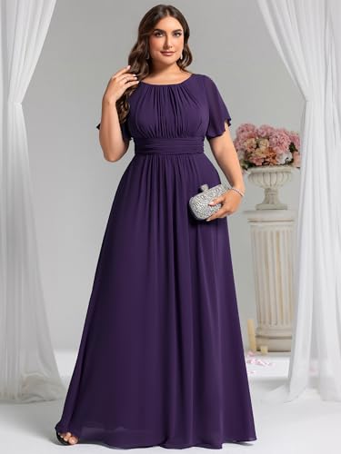 Image of Ever-Pretty Plus Elegant Formal Dresses for Curvy Women Round Neck Short Sleeves Chiffon Bridesmaid Mother of The Bride Dress