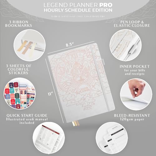 Image of Legend Planner PRO Hourly Schedule Edition - Undated Deluxe Weekly & Daily Organizer with Time Slots. Time Management Appointment Book Journal for Work & Personal Life, A4 size Hardcover (White Gold Foil, A4 (8.5 inch x 11 inch))