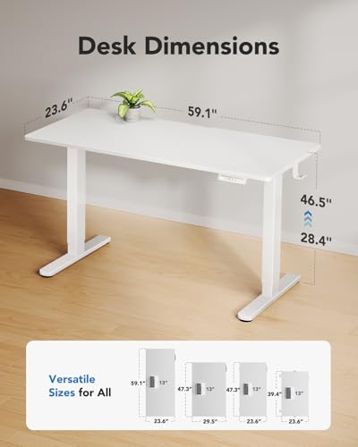 Image of HUANUO Electric Standing Desk, Whole Piece Desktop, Adjustable Height Computer Desk, 4 Height Memory Settings, Sit Stand Up Desk for Home Office, 60 inch x 24 inch, White