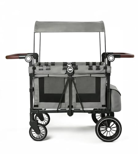 Image of Kinder King Wagon Stroller for 4 Kids,Removable Canopy, Adjustable Handle, Shock-Absorbing Wheel, Grey