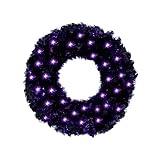 Halloween Wreath for Front Door 24 Inch Pre-Lit Black Halloween Wreaths with 50 LED Purple Light for Indoor Outdoor Wall Window Porch Patio Prom Garden Farmhouse Home Decoration Party Holiday Decor