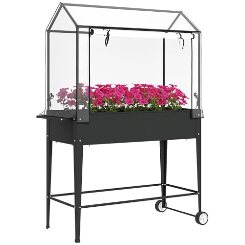 Outsunny Carré Potager sur Pieds avec bâche en PVC, jardinière surélevée avec Roues et Porte zippée Enroulable, Mini Serre avec Trou de Drainage pour...