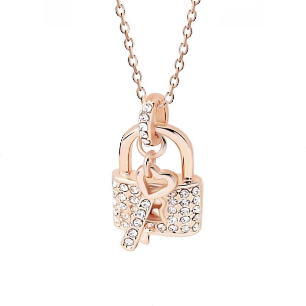 Quadiva Necklace 'Key & Lock', adorned with sparkling crystals, Colour: 18 k rosegold