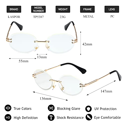 LASPOR Retro Oval Sunglasses for Women Men Fashion Vintage Gold Metal Frameless Rimless Glasses Tinted Lens UV400 Protection4