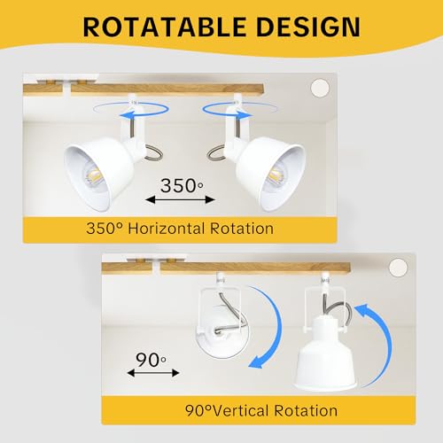 Plafonnier industriel blanc à 4 spots orientables E14 avec base rectangle bois - 3