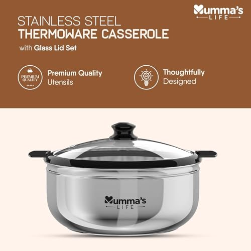Image of Mumma's LIFE- Stainless Steel Thermoware Casserole with Glass Lid| Hot Pot Roti Box with Lid Set of 2 (Silver, 2500ml X 2pcs)