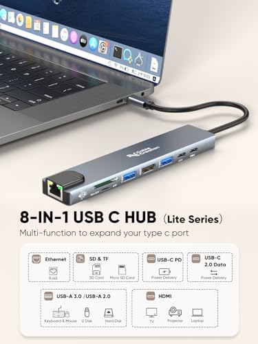 Image of CableCreation 8-in-1 USB C Hub Multiport (Lite Series),Type C Dongle Docking Station,4K@30HZ HDMI,USB A 2.0 /3.0 Ports,USB C 2.0 Ports,100Mbps RJ45 Ethernet,100W PD and SD /TF for iPhone 15 Pro Max