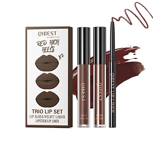 3Pcs Dark Brown Matte Liquid Lipstick, Lip Liner, Lip Gloss Trio Lip Set - One Step Lips Makeup Kits Waterproof Long-Lasting Moisturizing Velvety Nude Lip Stain Make Up Gift Set (11#) #TOP1