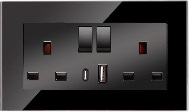 CNBINGO Double Switched Socket with Dual USB Charging Ports (Type A and C), Black Crystal Glass Panel Wall Outlet, 2 Gang 13 Amp Electric Power Socket