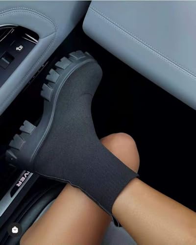 Women's Knit Platform Boots Autumn Round Toe Block Heels Socks Booties Platform Boots Breathable Sock Ankle Booties (Black,8.5)3