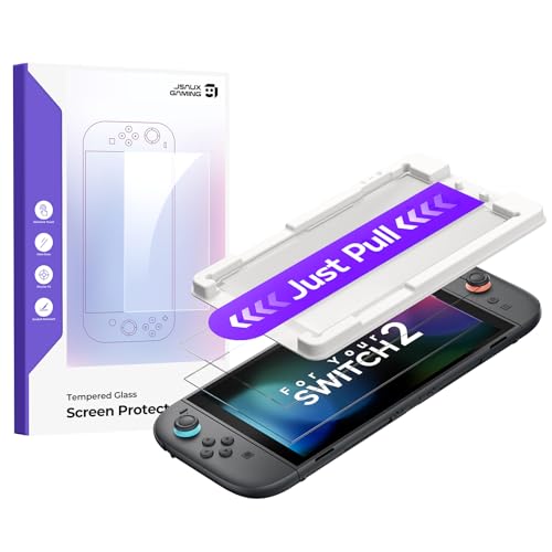 JSAUX 2-Pack Tempered Glass Screen Protector for Switch 2, Place & Pull Guide Frame for Effortless Installation, Ultra Clear 9H+ Hardness, Anti Fingerprint, Shatter Resistant Switch2 Accessories