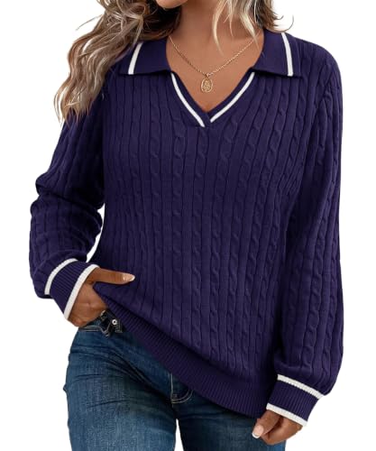 Image of CARCOS Plus Size Sweaters for Women Long Sleeve Pullover Sweaters Lapel Collared Vneck Knit Jumper Tops Fall Winter XL-5XL