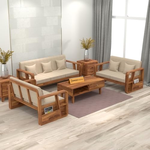 Image of Sheesham Wooden 7 Seater Sofa for Living Room | Solid Wood Sofa with Side Newspaper Holder | Rosewood Sofa Set for Home & Office | Lounge (Honey Finish, 3+2+2 Seater)