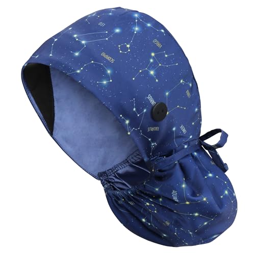 Satin Lined Scrub Cap for Women, Bouffant Nurse Cap with Sweatband and Buttons, Adjustable Surgical Hat for Curly Hair, Braids, Long Hair and Buns, Zodiac Signs