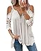 datasy Maglietta da donna con spalle scoperte, sexy, elegante, in pizzo, a maniche corte, con scollo a V, con zip Henley, bianco, S